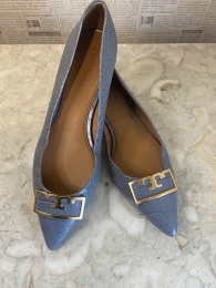 Tory Burch Gigi 55mm Pointy Toe Pump Heel Size 9.5 Gray Heron Leather 